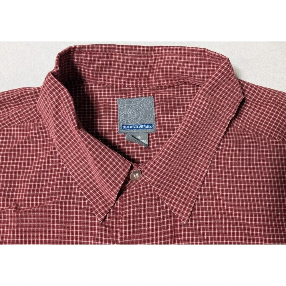 QUIKSILVER Men Large Red‎ Mini Check Nylon Blend Button-Up Shirt